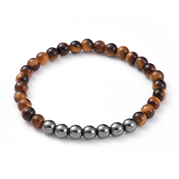 

PandaHall Unisex Natural Tiger Eye Stretch Bracelets, with Non-Magnetic Synthetic Hematite Beads, Round, 2-1/4 inch(5.85cm) Tiger Eye