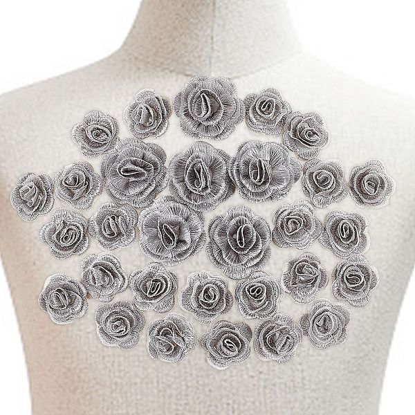 PandaHall 3D Rose Flower Polyester Computerized Embroidered Ornament Accessories, for Costume, Hat, Bag, Gray, 42x10mm and 28x11mm...