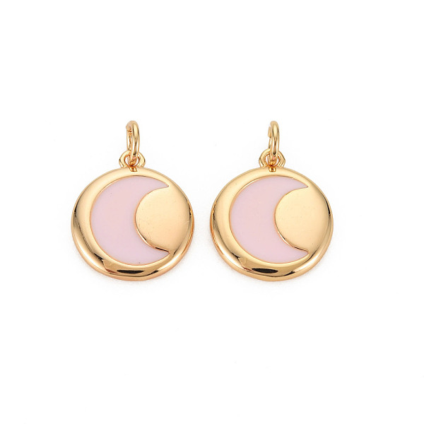 

PandaHall Brass Enamel Pendants, Nickel Free, Real 18K Gold Plated, Flat Round with Moon, Misty Rose, 16x13.5x2mm, Hole: 3mm Brass+Enamel...