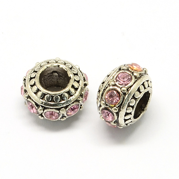 

PandaHall Alloy Rhinestone European Beads, Rondelle Large Hole Beads, Light Rose, 11x7mm, Hole: 4.5mm Alloy+Rhinestone Rondelle Pink