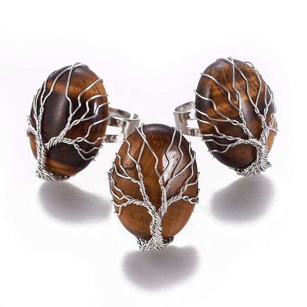 

PandaHall Adjustable Natural Tiger Eye Finger Rings, with Platinum Tone Brass Findings, Oval, Size 8, 18mm Tiger Eye