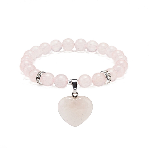 

PandaHall Natural Rose Quartz Round Beaded Stretch Bracelet with Heart Charm, Gemstone Yoga for Women, Inner Diameter: 2 inch(4.95cm) Rose...