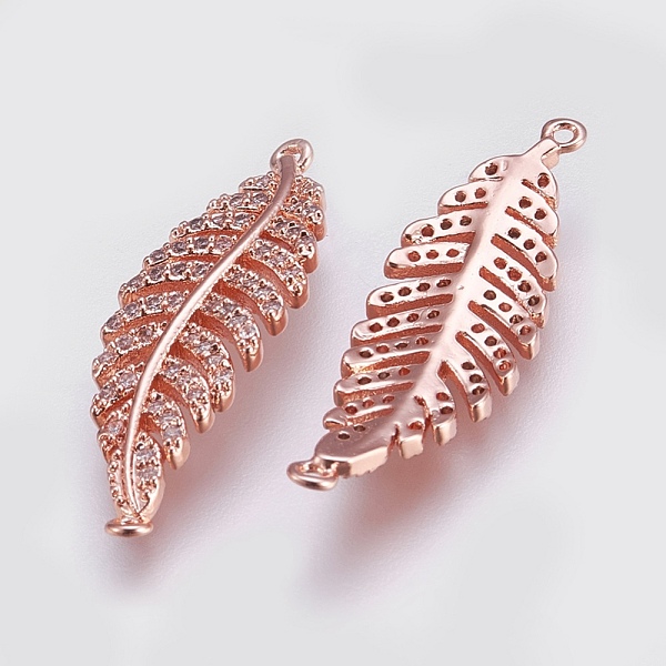 

PandaHall Brass Micro Pave Cubic Zirconia Links, Clear, Leaf, Rose Gold, 30x9.5x2mm, Hole: 1mm Brass+Cubic Zirconia Leaf Clear