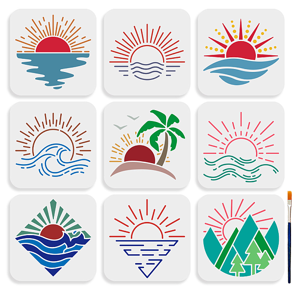 

PandaHall MAYJOYDIY US 9Pcs 9 Styles Sunrise Theme PET Hollow Out Drawing Painting Stencils, for DIY Scrapbook, Photo Album, with 1Pc Art...