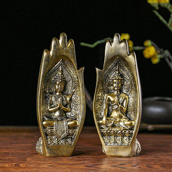 PandaHall Resin Carved Figurines, for Home Desktop Decoration, Palm with Buddha, Gold, 55x80x200mm Resin Palm Gold