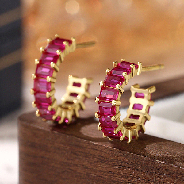 

PandaHall Golden Sterling Silver Micro Pave Cubic Zirconia Ring Stud Earrings, Half Hoop Earrings, Camellia, 13x4mm Cubic Zirconia Ring Pink