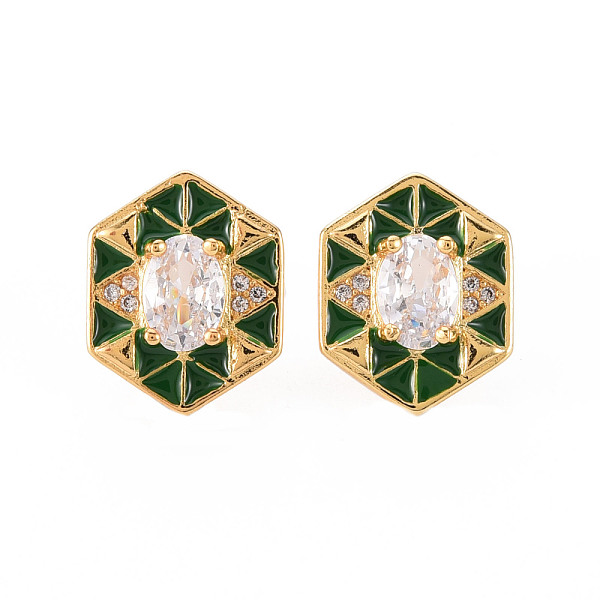 

PandaHall Brass Micro Pave Clear Cubic Zirconia Stud Earrings, with Enamel and Ear Nuts, Hexagon, Cadmium Free & Nickel Free & Lead Free..., Green