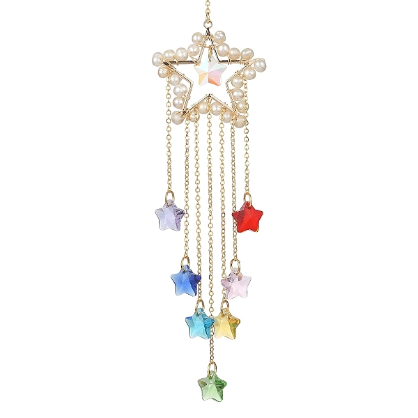 

PandaHall Wire Wrapped Natural Pearl Pendant Decorations, Glass Star Charms and Brass Findings Suncatcher Window Hanging Ornament, Star...