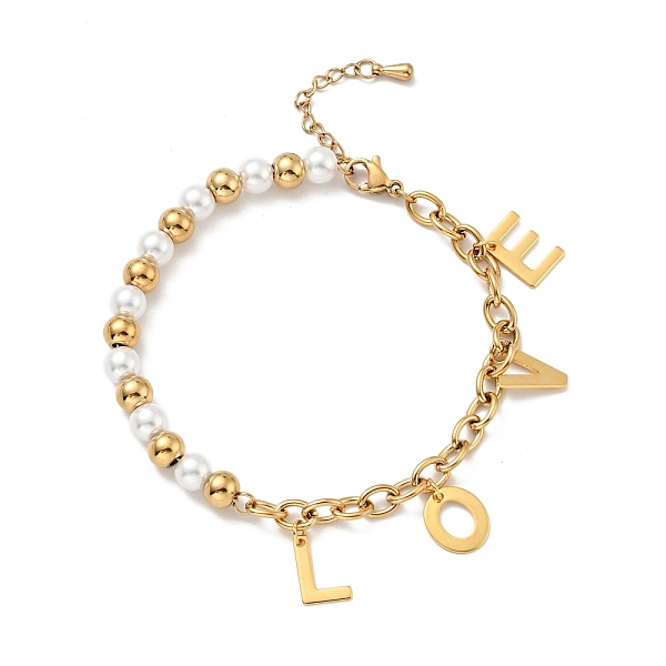 

PandaHall 201 Stainless Steel Word Love Charm Bracelet, Plastic Pearl Beaded Bracelet with Vacuum Plating 304 Stainless Steel Cable Chains..., White