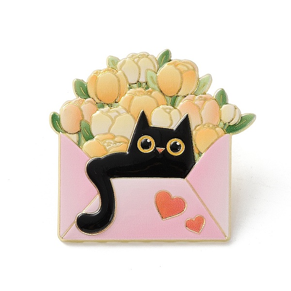 黒猫と花のエナメルピン