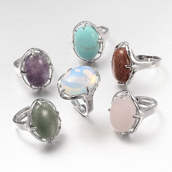 

PandaHall Adjustable Oval Gemstone Wide Band Rings, with Platinum Tone Brass Findings, US Size 7 1/4(17.5mm) Mixed Stone