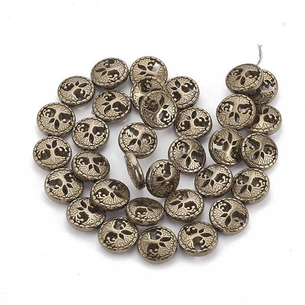 

PandaHall Electroplate Non-magnetic Synthetic Hematite Beads Strands, Flat Round with Tree of Life, Copper Plated, 12~12.5x4~4.5mm, Hole...
