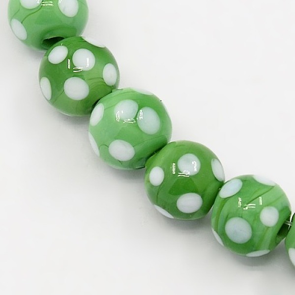 

PandaHall Handmade Lampwork Round Beads Strands, polka-dotted, Green, 10mm, Hole: 1mm, about 30pcs/strand, 11.02 inch Lampwork Round Green