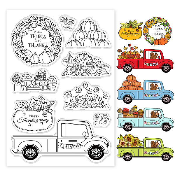 PandaHall BENECREAT Thanksgiving Day Clear Stamps, Autumn Harvest, Truck, Pumpkin, Farm Pattern PVC Silicone Stamps for Card Making DIY...