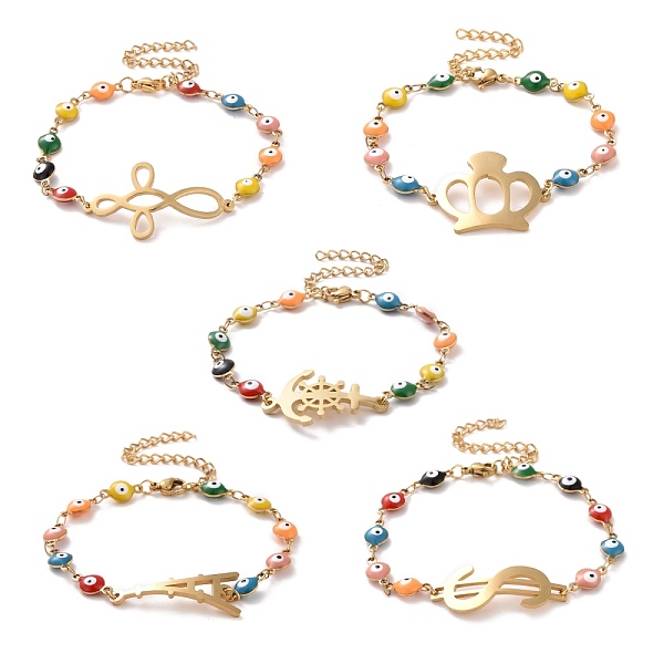 

PandaHall Vacuum Plating 304 Stainless Steel Link Bracelet with Colorful Enamel Evil Eye Chains for Women, Mixed Shape, Golden, 6-5/8 inch...