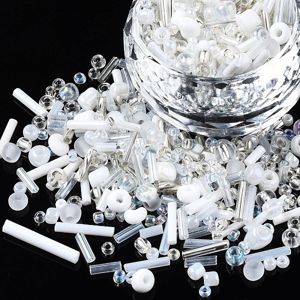 

PandaHall Glass Seed Beads, Mixed Style, Mixed Shapes, White, 1~7x2~4mm, Hole: 0.7~1mm, about 450g/pound Glass Mixed Shapes White