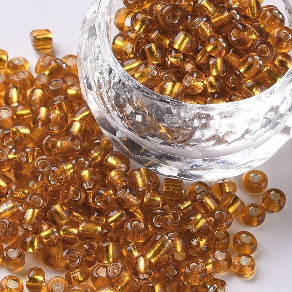 

PandaHall 6/0 Glass Seed Beads, Silver Lined Round Hole, Round, Dark Goldenrod, 4mm, Hole: 1.5mm, about 6639 pcs/pound Glass Gold