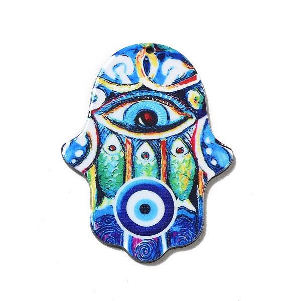 

PandaHall Opaque Acrylic Pendants, Hamsa Hand/Hand of Miriam Charm, Evil Eye Pattern, 51.5x38.5x2mm, Hole: 1.6mm Acrylic Evil Eye