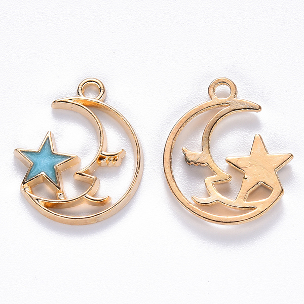 

PandaHall Alloy Enamel Pendants, Moon with Star, Light Gold, Deep Sky Blue, 19x17x2mm, Hole: 1.6mm Alloy+Enamel Moon Blue