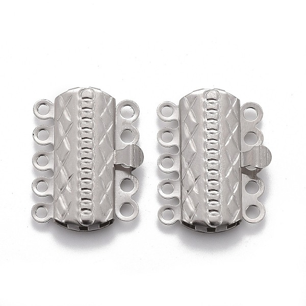 

PandaHall 304 Stainless Steel Box Clasps, Multi-Strand Clasps, 5-Strands, 10-Holes, Rectangle with Flower, Stainless Steel Color...