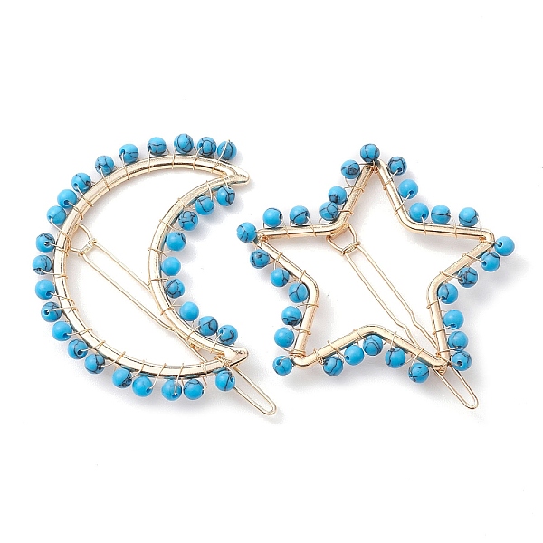 

PandaHall 2Pcs Moon & Star Alloy with Synthetic Turquoise Hollow Hair Barrettes, Ponytail Holder Statement for Girls Women, Moon...