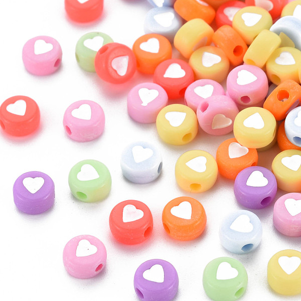 

PandaHall Opaque Acrylic Beads, Flat Round with Heart, Mixed Color, 7x4mm, Hole: 1.5mm, about 3700pcs/500g Acrylic Flat Round Multicolor