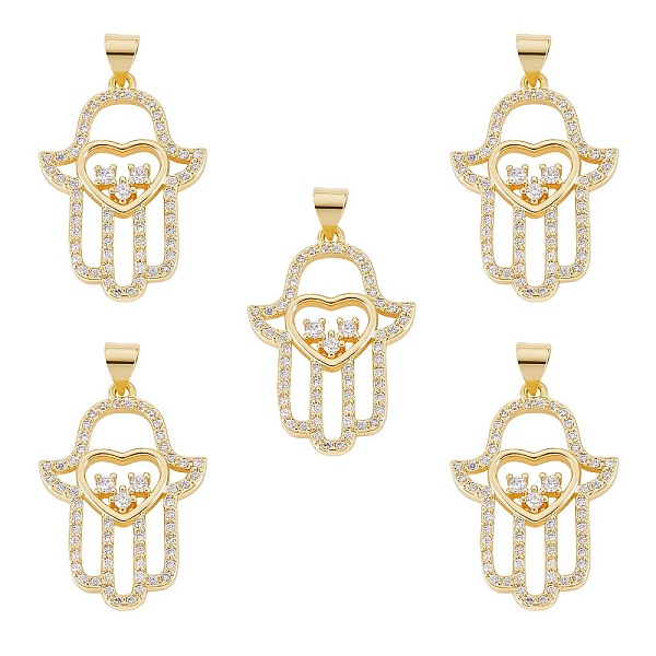 

PandaHall 5Pcs Rack Plating Brass Micro Pave Cubic Zirconia Pendants, Cadmium Free & Lead Free, Hamsa Hand/Hand of Miriam with Heart, Real..., Clear