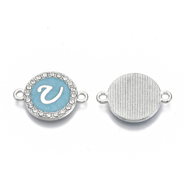 

PandaHall Alloy Enamel Links Connectors, with Crystal Rhinestones, Flat Round with Letter, Silver Color Plated, Letter.U, 22x16x2mm, Hole..., Blue