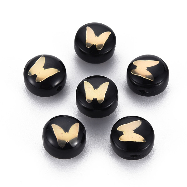 

PandaHall Handmade Lampwork Beads, with Golden Plated Brass Etched Metal Embellishments, Flat Round with Butterfly, Black, 8x5~6mm, Hole...