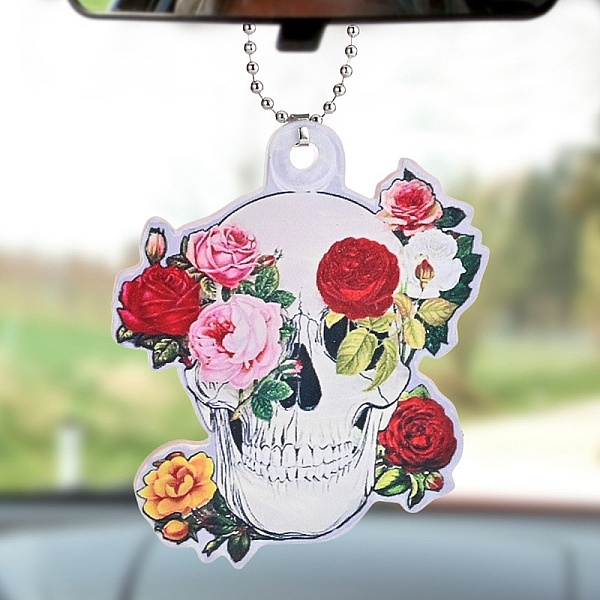 PandaHall Skull with Flower Acrylic Pendant Decoration, for Car Rear View Mirror Hanging Ornament, 320mm, Pendant: 80x68x4mm Acrylic Skull