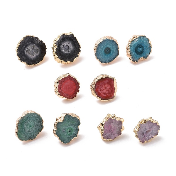 

PandaHall Natural Dyed Quartz Stud Earrings, with Brass Findings, Flat Round, Golden, Mixed Color, 14~22x14~22x5~6mm, Pin: 0.7mm Quartz..., Multicolor