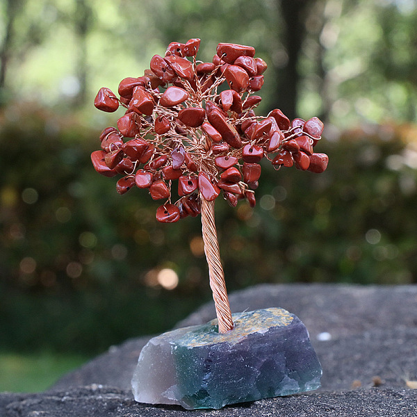 

PandaHall Natural Red Jasper Chips Tree Decorations, Ntural Fluorite Base with Copper Wire Feng Shui Energy Stone Gift for Home Office...
