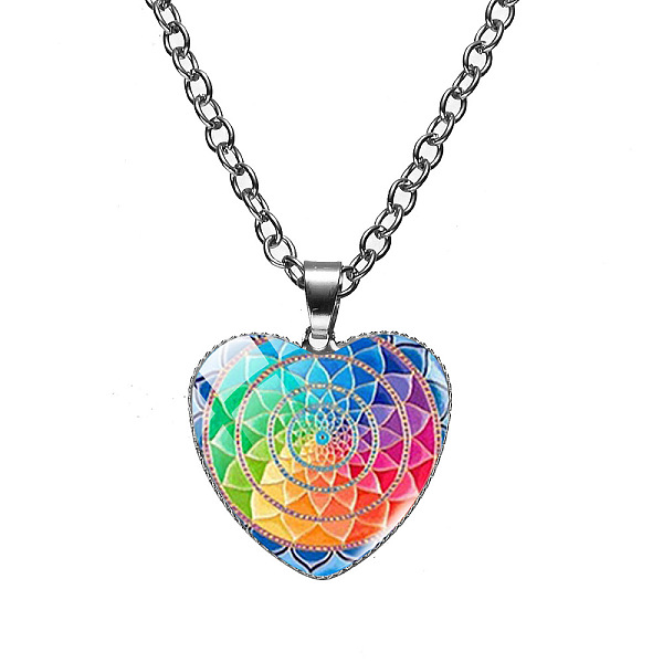 

PandaHall Glass Heart with Mandala Flower Pendant Necklace, Platinum Alloy Jewelry for Women, Colorful, 19.69 inch(50cm) Glass