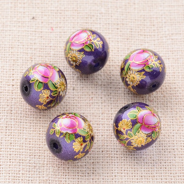

PandaHall Flower Picture Printed Glass Round Beads, Blue Violet, 12mm, Hole: 1mm Glass Round Purple