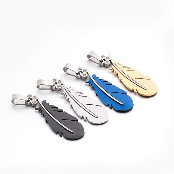 

PandaHall 304 Stainless Steel Rhinestone Large Feather Pendants, Mixed Color, 51x18.5x3.5mm, Hole: 5x10.5mm Stainless Steel+Rhinestone..., Multicolor