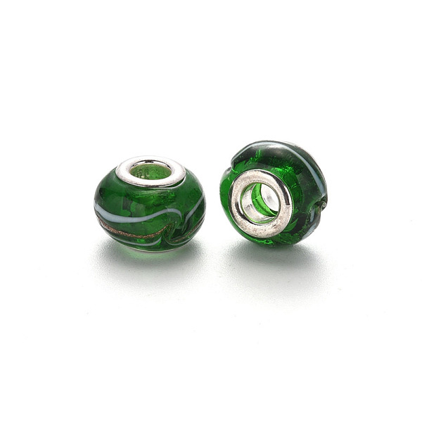 PandaHall Handmade Lampwork European Beads, Large Hole Rondelle Beads, with Glitter Powder and Platinum Tone Brass Double Cores, Green... PandaHall Handmade Lampwork European Beads, Large Hole Rondelle Beads, with Glitter Powder and Platinum Tone Brass Double Cores, Green...