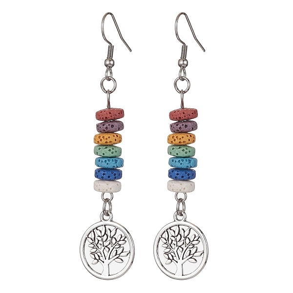 

PandaHall Dyed Colorful Natural Lava Rock Beaded Dangle Earrings, Tibetan Style Alloy Tree of Life Long Drop Earrings with 304 Stainless...
