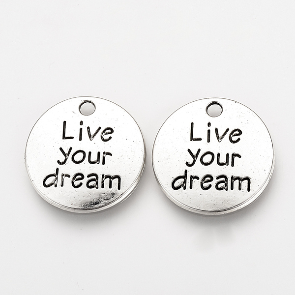 

PandaHall Tibetan Style Alloy Pendants, Inspirational Message Pendants, Flat Round with Phrase Live your Dream, Cadmium Free & Nickel Free &...