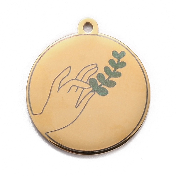 

PandaHall 304 Stainless Steel Pendants, Flat Round with Hand & Grass, Golden, 28x25x1.4mm, Hole: 2mm 304 Stainless Steel Flat Round