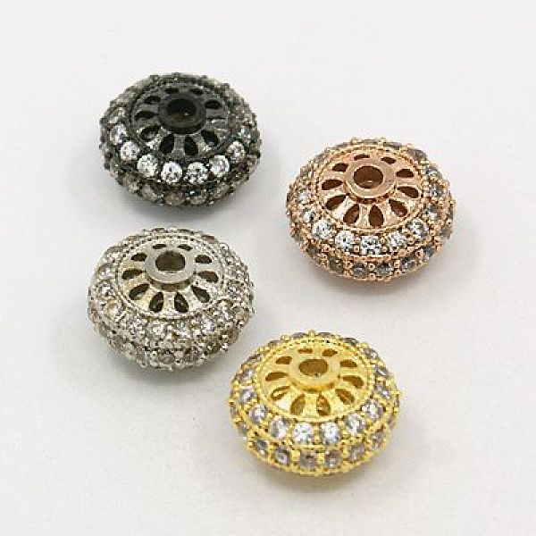 

PandaHall Brass Cubic Zirconia Beads, Rondelle, Hollow, Clear, Mixed Color, 10x6mm, Hole: 1.5mm Brass+Cubic Zirconia Rondelle Clear
