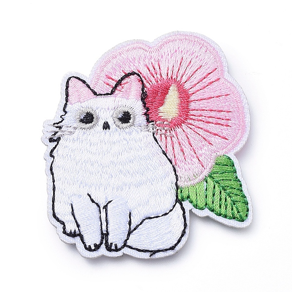 PandaHall Computerized Embroidery Cloth Iron on/Sew on Patches, Costume Accessories, Appliques, Cat with Flower, Colorful, 58x52x2mm Cloth...
