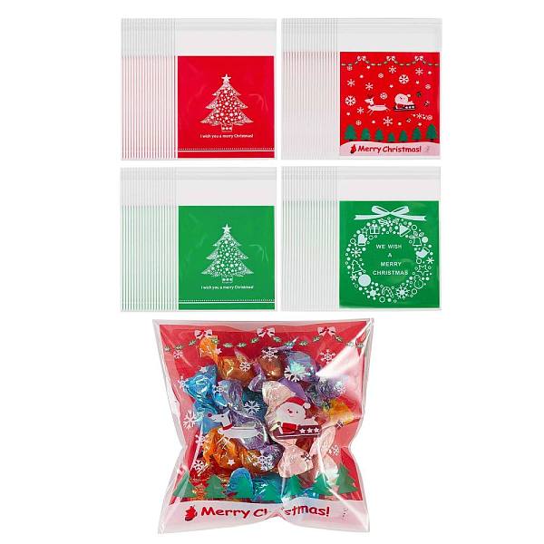 PandaHall 400Pcs 4 Styles Self-Adhesive Christmas Candy Bags, Plastic Bags, for Cookie Candy Chocolate Party Gift Supplies, Mixed Patterns...