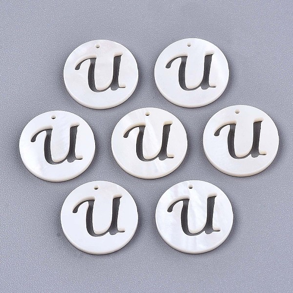 

PandaHall Natural Freshwater Shell Charms, Flat Round with Hollow Out Letter, Letter.U, 14.5x1.5mm, Hole: 0.9mm Freshwater Shell Letter U