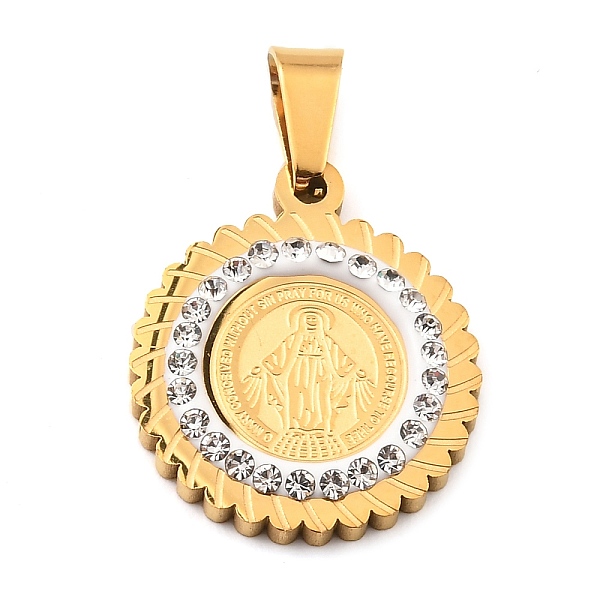 

PandaHall Ion Plating(IP) 304 Stainless Steel Pendant with Crystal Rhinestone, Religion Theme Flat Round with Jesus Charms, Golden...
