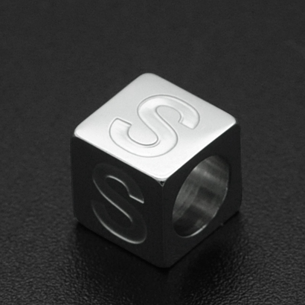 PandaHall 201 Stainless Steel European Beads, Large Hole Beads, Horizontal Hole, Cube, Stainless Steel Color, Letter. S, 7x7x7mm, Hole: 5mm...