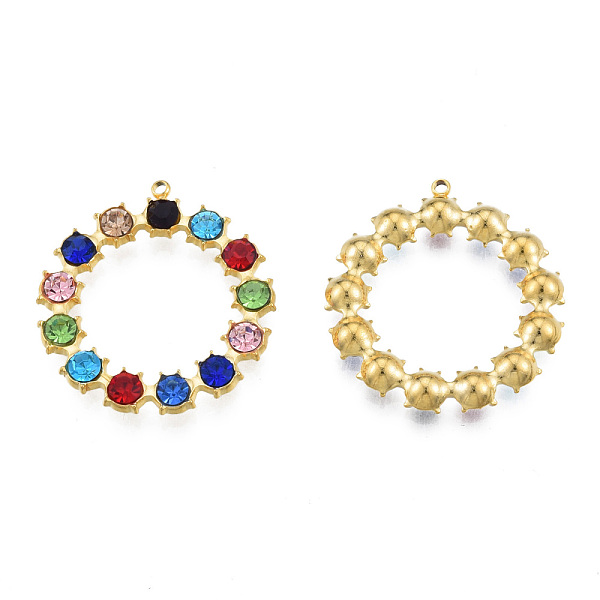 

PandaHall 304 Stainless Steel Pendants, with Colorful Rhinestone, Ring, Real 18K Gold Plated, 30x28x4mm, Hole: 1.4mm Stainless..., Multicolor