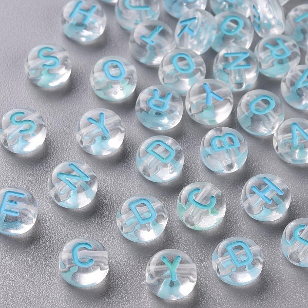 

PandaHall Transparent Clear Acrylic Beads, Horizontal Hole, Flat Round with Random Letter, Sky Blue, 7x4mm, Hole: 1.6mm, about 3700pcs/500g...