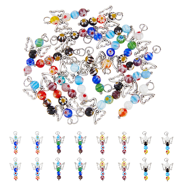 

PandaHall DICOSMETIC 50Pcs Angel Charms Millefiori Glass Beads Pendants Evil Eye Beads with 4.5mm Jump Rings Antique Silver Angel Wing..., Multicolor