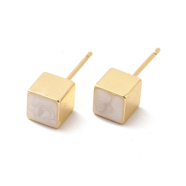 

PandaHall Enamel Cube Stud Earrings, Real 18K Gold Plated Brass Jewelry for Women, White, 6x6mm, Pin: 0.8mm Brass Cube White