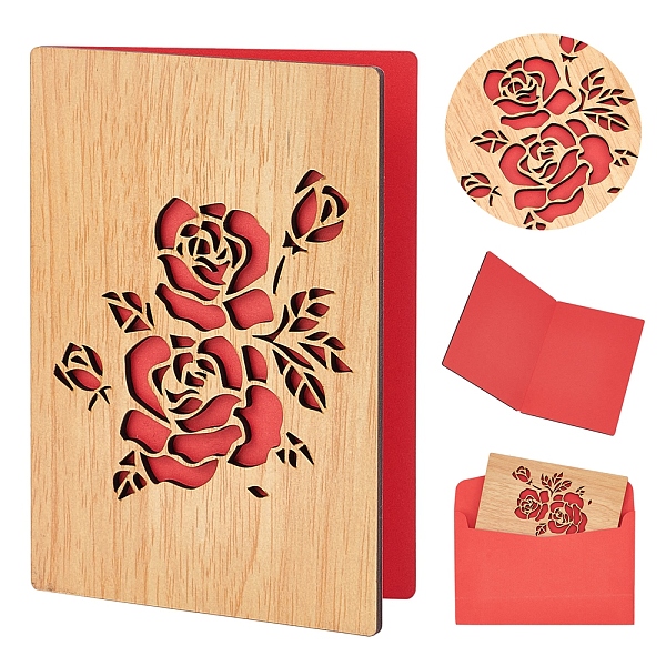 PandaHall CRASPIRE Rectangle with Pattern Wooden Greeting Cards, with Red Paper InsidePage, with Rectangle Blank Paper Envelopes, Rose...